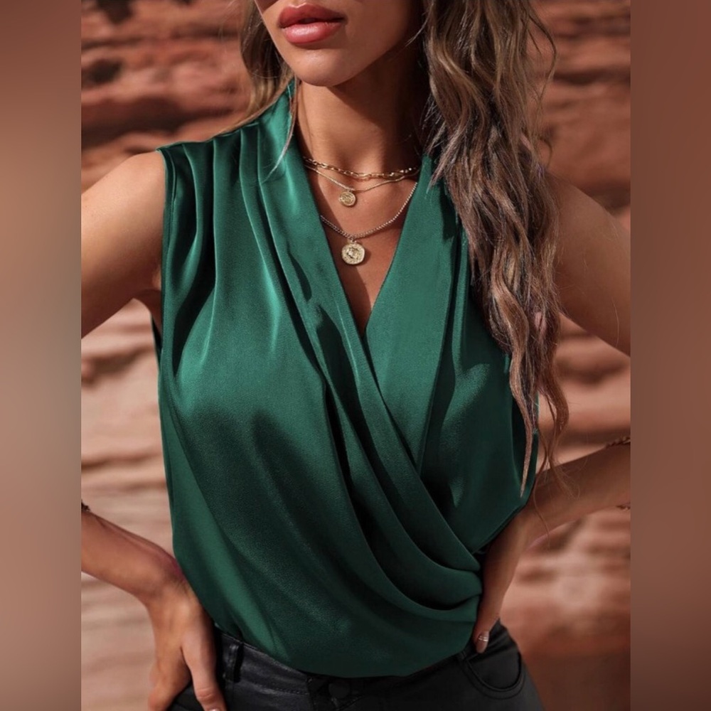Women's Sleeveless V Neck Wrap Front Pleated Satin Drape Blouse Top